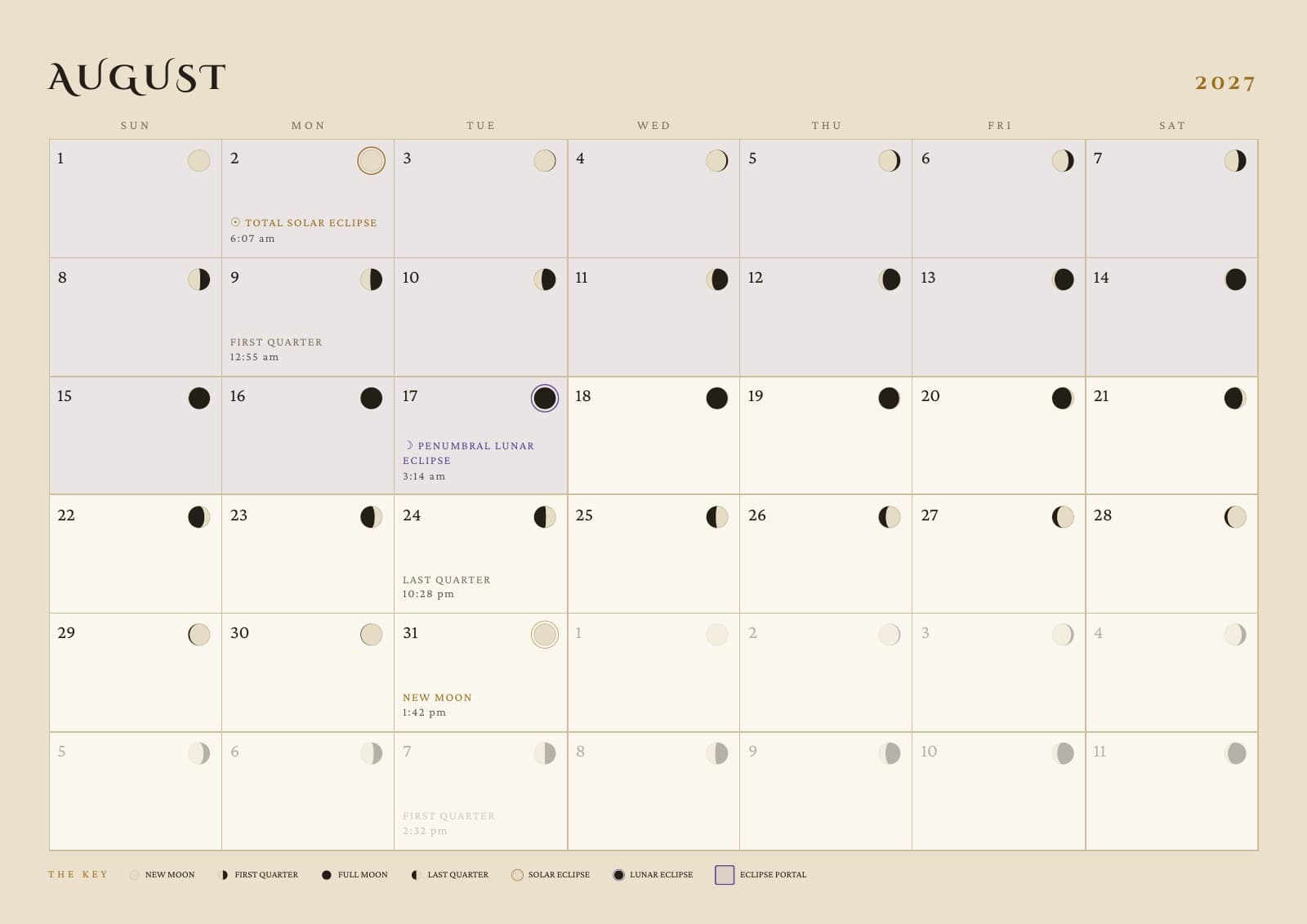 The August page of WavePoint’s printed 2027 Moon Calendar