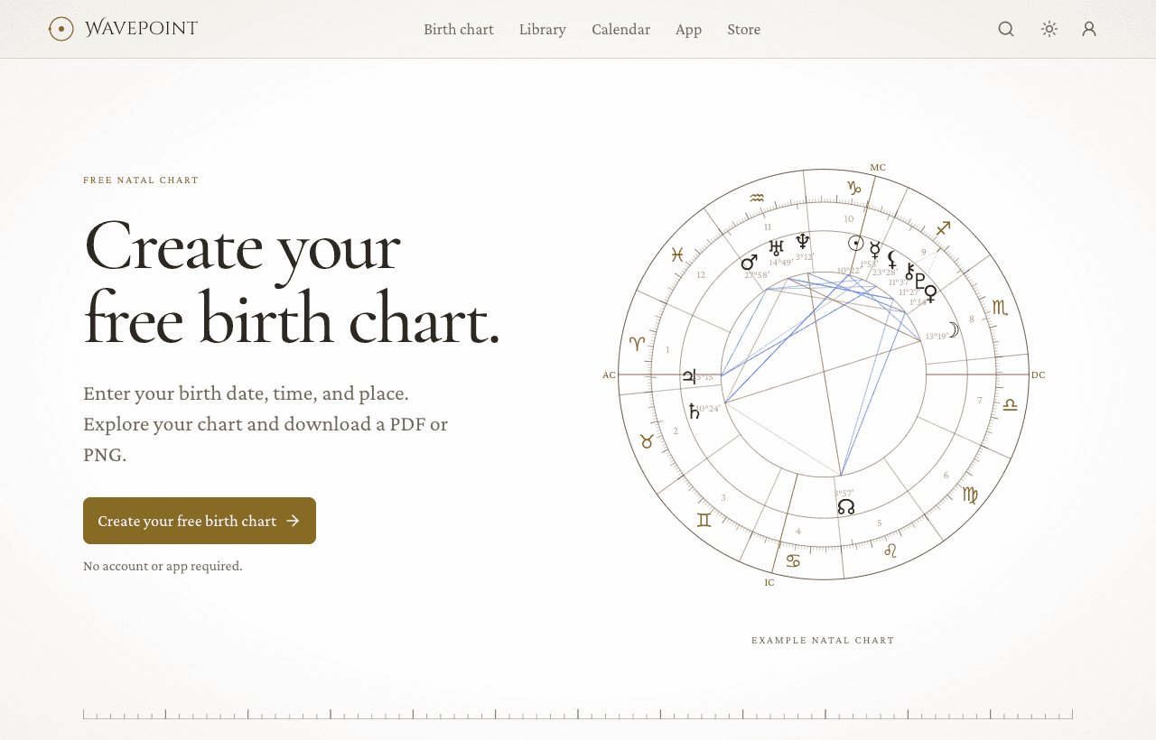 WavePoint’s public website, showing its free birth-chart experience and an example chart