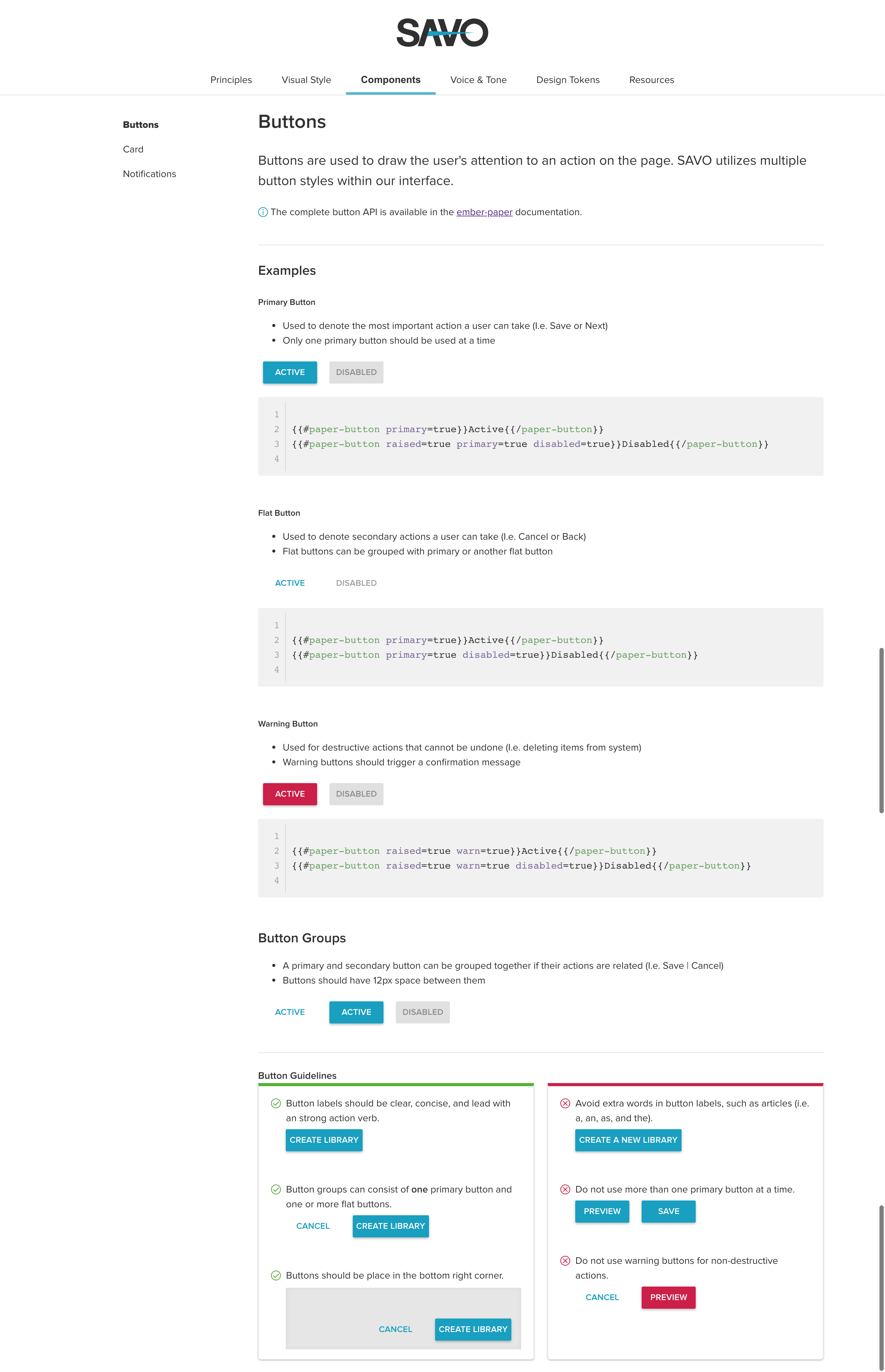 SAVO’s style guide showing button variants alongside Ember template examples.